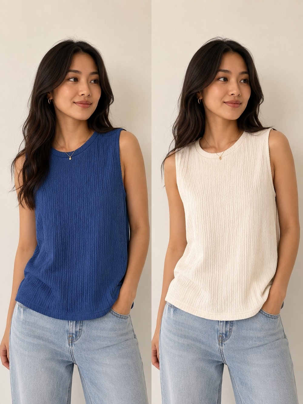 Bundle 2 zeagoo Ribbed Sleeveless Tank Top in Blue and Cream